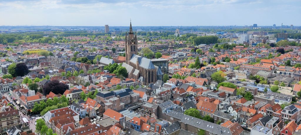 The skyline of Delft on a sunny day